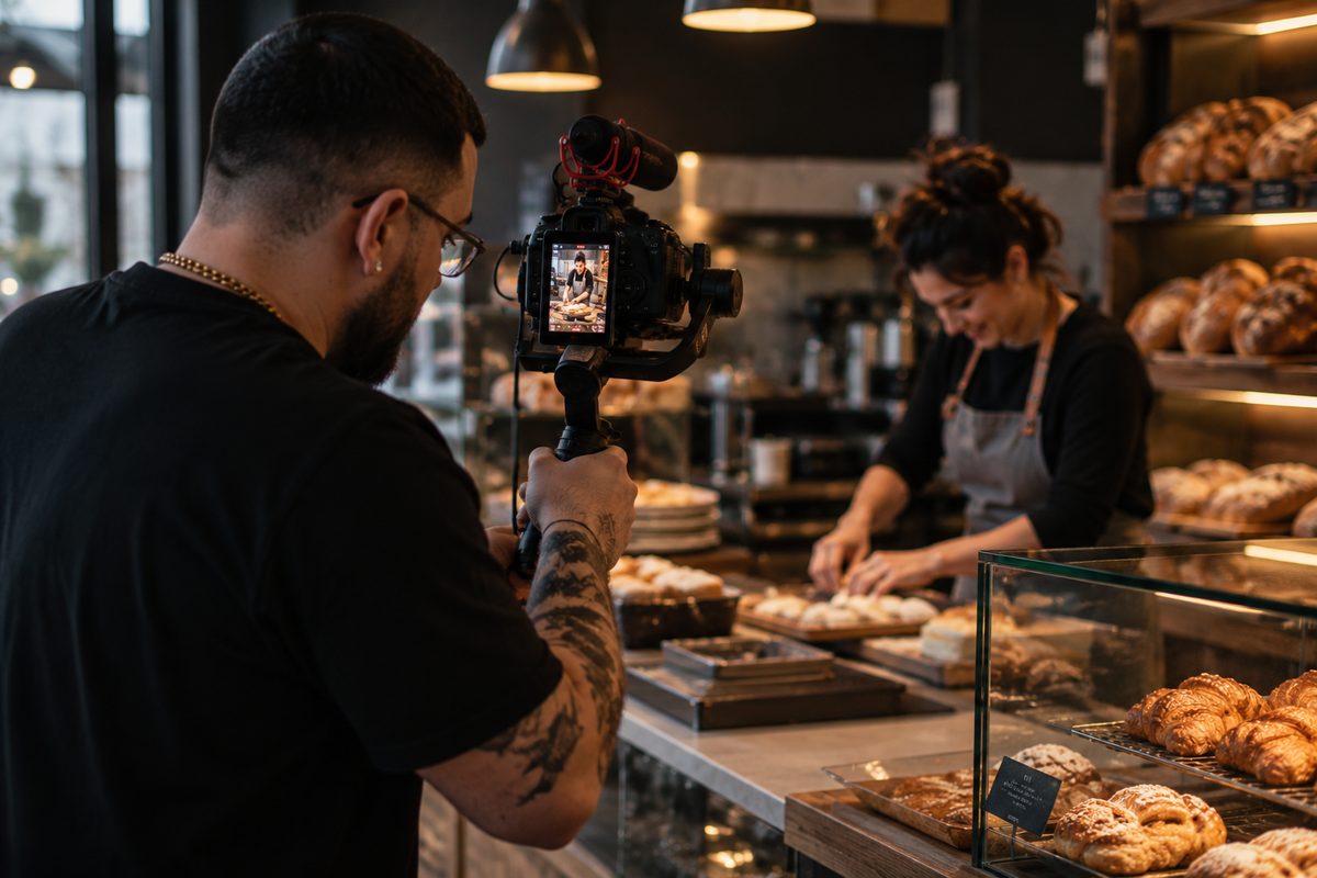Vincenzo filmt in einer Bäckerei im Hochformat