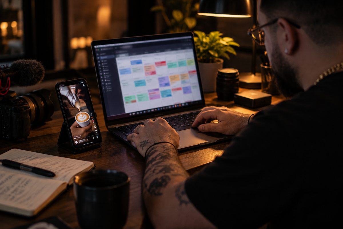 Redaktionsplan am Laptop und fertiges Reel auf dem Handy